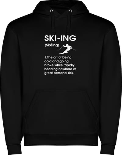 Zwarte unisex hoodie met “ Kleurrijke Ski-ing uitleg uit woordenboek – wat is Skien – Wintersport “ Print Full Color Color merk Roly maat S