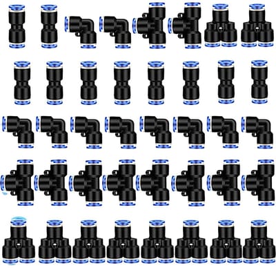 Dailygoods- Pneumatische Connectoren 40 Stuks - 10 Rechte/10 Bochten/10 T-vormige/10 Y-verbindingen - 1/4 Inch - Geschikt voor PU/PA/PE/PVC - Werkdruk tot 145 psi - Pneumatische Fittingen