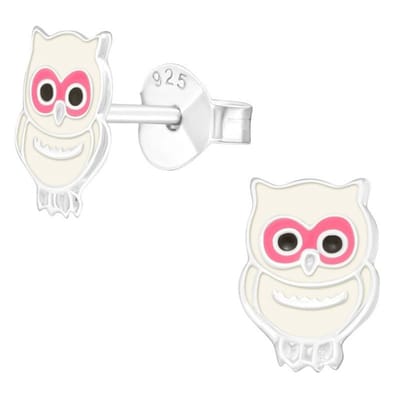 Aramat Jewels | Oorbellen | Echt Zilveren Uiltjes Oorbellen - Wit Emaille - Geschenk | | | |9mm | Zilver | Kinderen | Verkleurd niet