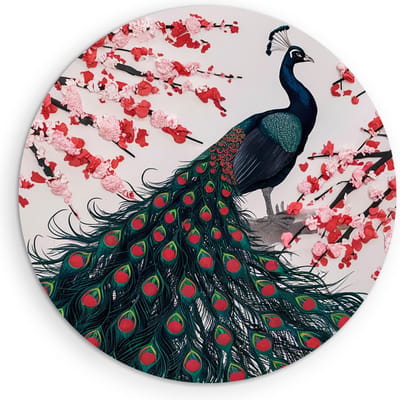 Saammp Muurcirkel Hout - Pauw tussen de Rode bloemen - Dieren - Natuur - Ø 90 - Wandcirkel - Wanddecoratie Cirkel - muurdecoratie Woonkamer - Slaapkamer decoratie - Rond Schilderij