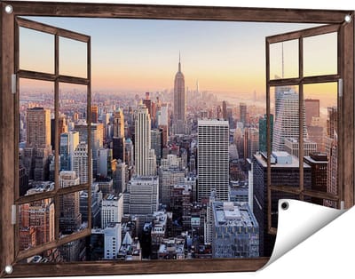 Gards Tuinposter Doorkijk New York Skyline met Wolkenkrabbers - 90x60 cm - Tuindoek - Tuindecoratie - Wanddecoratie buiten - Tuinschilderij