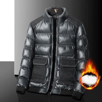 Nouveau manteau d'hiver épais en coton pour homme, coupe ajustée, col montant en cuir PU, grandes poches, tendance 5XL gray