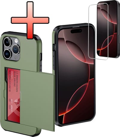 Hoes Geschikt voor iPhone 16 Pro Hoesje Pasjeshouder Hard Cover Met Screenprotector Shock Proof Hard Case Hoes Met Kaarthouder - Donkergroen