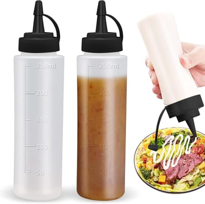 Famanu – Set van 2 transparante knijpflessen, 250 ml, zachte kunststof flessen voor sauzen, olie en specerijen