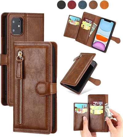 Premium vintage portemonnee hoesje met ritssluiting flip-cover hoes met kaarthoudersleuven - Geschikt voor: iPhone 12 Pro Max donker bruin