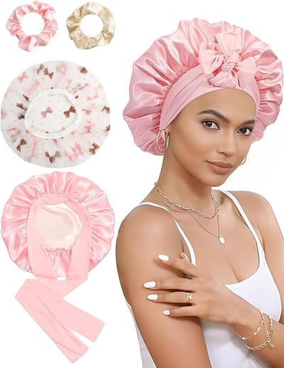 Nachtmuts voor dames met satijnen afwerking, inclusief haarstrikken en douchekap voor verzorging en styling