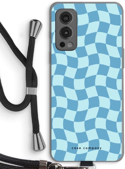 Case Company® - Hoesje met koord geschikt voor OnePlus Nord 2 5G hoesje met Koord - Grid Blauw - Telefoonhoesje met Zwart Koord - Bescherming aan alle Kanten en Over de Schermrand