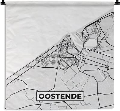 Wandkleed - Wanddoek - Kaart – Plattegrond – Stadskaart – Oostende – België – Zwart Wit - 180x180 cm - Wandtapijt