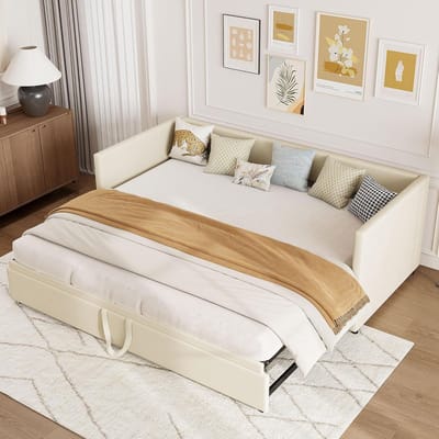 Upholstered Sofa Bed - Verstelbaar Bed - Gastvrij Ontvangen - Uittrekbaar Slaapsysteem - 90/180x200 cm - Beige