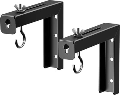 Set van 2 zwarte universele L-vorm projector wand- en plafondbeugels standaard model, uitschuifbare sleuf, met ophanghaak en volledig montagemateriaal voor mini thuisprojectoren
