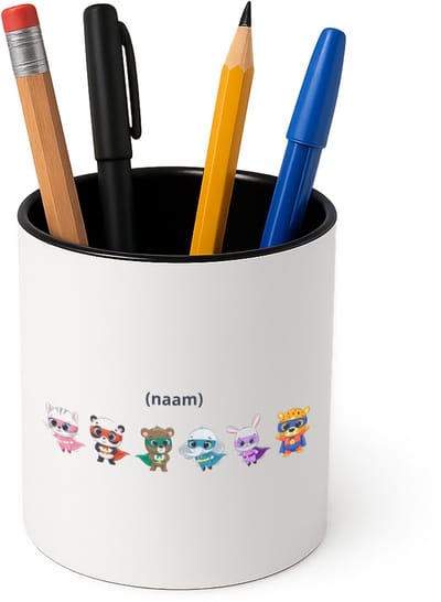 Hacebo® - Dieren superhelden met eigen naam Pennenbakje - Superhelden - kinderen - pennenhouder - leuke cadeau voor iemand die van houdt van superhelden - verjaardagscadeau - kado - gift - Pennenbakje zwart