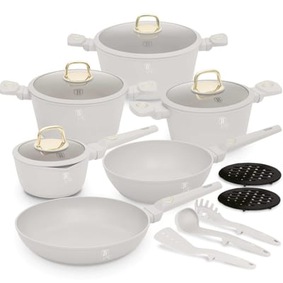 BerlingerHaus Pannenset Mat Crème 11-Delig - Kookpan ø 20, 24, 28 cm, Koekenpan ø 24, 28 cm & Steelpan ø 16 cm - Geschikt voor alle warmtebronnen