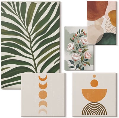 Wallfluent Set van canvas schilderijen - Plantenpatronen en abstracte vormen in boho-stijl Canvas Schilderijen Set - Set van 5 Canvas Schilderijen - Groente Set van Canvas Prints - Natuur Canvas Kunst Set - Boheemse Canvas Kunst Set