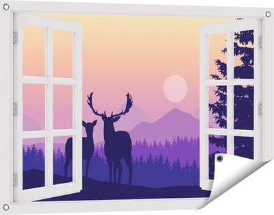 Gards Tuinposter Doorkijk Twee Herten - Zonsondergang - Silhouet - 90x60 cm - Tuindoek - Tuindecoratie - Wanddecoratie buiten - Tuinschilderij