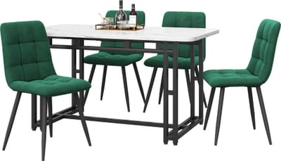Eettafel met 4 stoelen set Keuken eettafel set Donkergroen Fluweel Eetkamerstoel Zwart ijzeren poten tafel