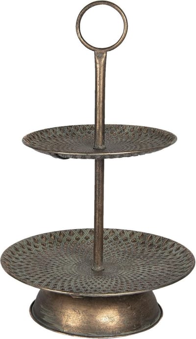 Clayre & Eef Etagère 2 laags Ø 37*59 cm Koperkleurig Metaal Rond Taartplateau op voet Serveerschaal