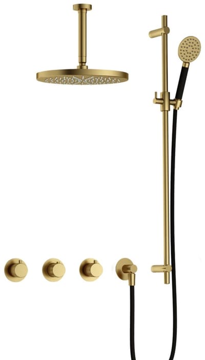 Hotbath Cobber X IBSX70 inbouw regendoucheset met ronde handdouche aan glijstang en 30cm ronde hoofddouche aan 15cm plafondarm geborsteld messing PVD