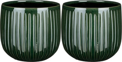 Mica Decorations - plantenpot/bloempot - 2x - donkergroen ribbels - D25/H20 cm