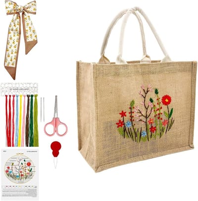 Linnen Tote Bag DIY Borduurset voor Beginners met Sjaal, Geprinte Kreuzsteekset met Draad, Naald en Handleiding - Herbruikbare Tas, Creatieve Tas Maakset voor Vrouwen