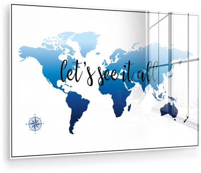 ® Glasschilderij 150x100 cm - Schilderij acrylglas - Wereldkaart - Blauw - Kompas - Foto op glas - Muurdecoratie woonkamer - Wanddecoratie slaapkamer - Schilderijen
