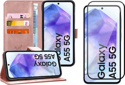 Hoesje geschikt voor Samsung Galaxy A55 - Screenprotector Volledig Dekkend Glas - Portemonnee Book Case Rosegoud