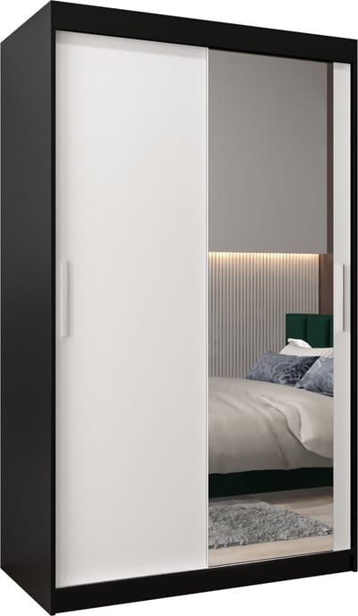 InspireMe - Kledingkast met 2 schuifdeuren, Modern-stijl, Kledingkast met planken (BxHxD): 120x200x62 - TORM II 120 Zwart Mat + Wit Mat