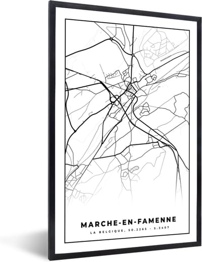 Fotolijst incl. Poster Zwart Wit- België – Marche en Famenne – Stadskaart – Kaart – Zwart Wit – Plattegrond - 40x60 cm - Posterlijst