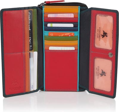 Visconti Leren Portemonnee - Dames beugelportemonnee - RFID - 17 pasjes - Rainbow Collectie - Zwart-Multi (RB78 BK)