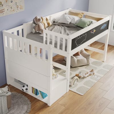 Stapelbed Met Bureau - Kinderbed 90x200 - Wit - Met Opbergladder