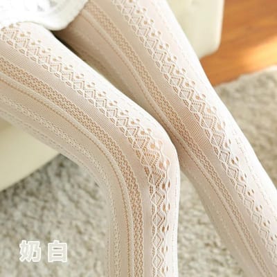Sexy Kant Gebreide Katoenen Panty's Dames Meisjes Herfst Uitgesneden Gestreepte Kousen Vrouwen Effen Lolita Panty One Size beige