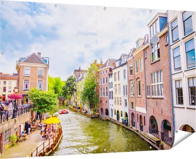 Gards Tuinposter Huizen aan de Oudegracht in Utrecht - 180x120 cm - Tuindoek - Tuindecoratie - Wanddecoratie buiten - Tuinschilderij