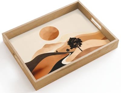 Dienblad hout 40x30 cm - Schootdienblad - Zon - Heuvels - Boom - Abstract - Borrelplank rechthoek - Plateau dienbladen