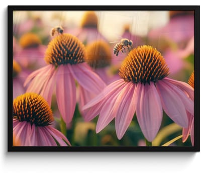 Poster in lijst - Fotolijst 70x50 cm - Posters - Bloemen - Paars - Bijen - Posterlijst zwart - Decoratie - Wanddecoratie woonkamer - Muurdecoratie slaapkamer
