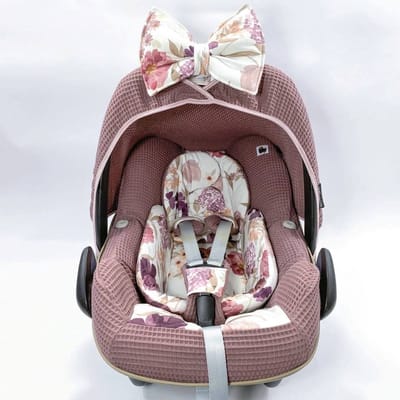 Wazzhappening - Autostoelhoes set Aquarel - mauve - wafel - bloemen - roze tinten - geschikt voor Maxi Cosi Pebble Pro