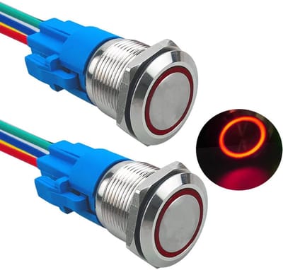 Allecto - Drukschakelaar - Momentane drukknop - Waterdicht IP67 - 19 mm - 12V 24V - Rood LED - Geschikt voor auto - Zilver en blauw