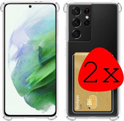 Hoesje 2 Stuks - Geschikt voor Samsung Galaxy S21 Ultra - Met Pashouder en Kaarthouder - Telefoon Hoes Shockproof - Siliconen Case - Back Cover - Shock Proof - Pasjes Houder - Transparant