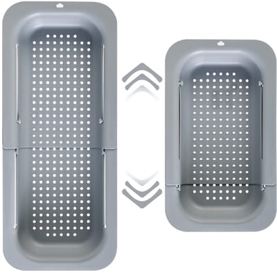 QTTVBTNA - 1 stuk Uitschuifbare Spoelbak Zeef - Afwasbak Vergiet voor Groenten & Pasta - Voedselveilig PP Materiaal - Opvouwbaar Keukenaccessoire voor Aanrecht & Buitenshuis - 34,5-48 x 6.5 x 20 cm - Grijs