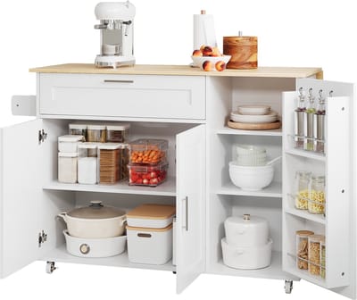 132,5x44(70)x90cm Grote Mobiele Keukentafel, Klapbaar Werkblad, Eiken Nerf, Multifunctionele Kast, Kruidenrek, Handdoekhouder, 5 Rollen, Geschikt voor Keuken/Eethoek/Huis