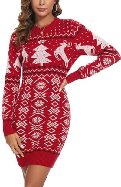 Bresdk Gebreide jurk dames winter kerstjurk trui Kerstmis elegante lange mouwen kerstjurken voor vrouwen ronde hals