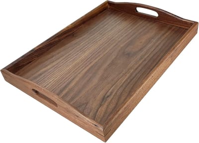 KZQ 42,5 x 30,5 cm zwart walnotenhouten Ottomaanse schaal met handvat, perfect voor het serveren van thee, koffie of ontbijt voor het slapengaan. Klassiek, decoratief houten dienblad.