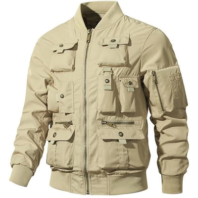 Veste Bomber Homme Veste de Baseball Rétro Américaine Salopette Multi-poches Veste Fonctionnelle Trois Hauts Anti-Tempête 4XL beige