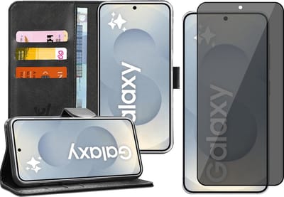 Hoesje geschikt voor Samsung Galaxy S25 - Privacy Screenprotector Volledig Dekkend Glas - Portemonnee Book Case Zwart