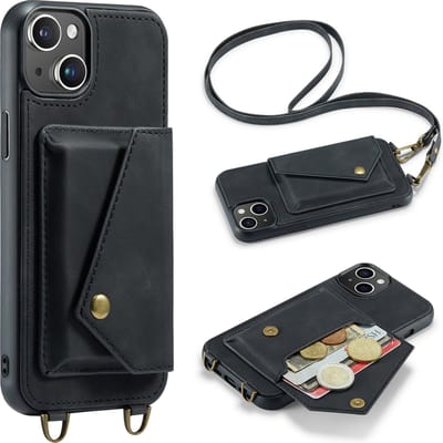 Casemania Hoesje Geschikt voor Apple iPhone 14 - Charcoal Gray - Luxe Backcover met Koord en Magnetische Sluiting - Portemonnee Wallet Case met Pasjeshouder en Opbergvak - Lanyard Telefoonhoes - Cord Case