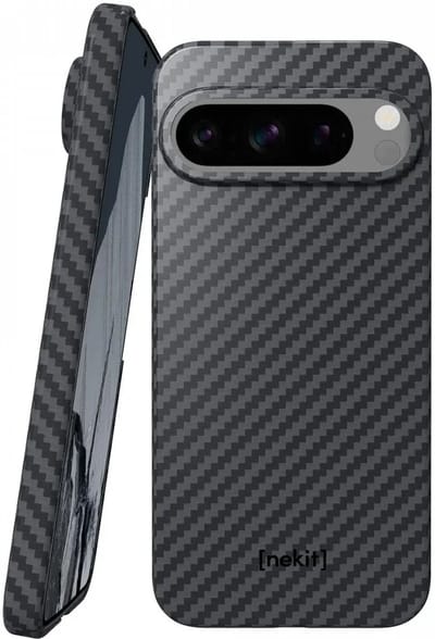 NEKIT Fiber Hoesje Geschikt voor Google Pixel 9 / Pixel 9 Pro - Compatibel met MagSafe - Kevlar Aramidevezels 1500D - Back Cover Ultra Dun - Grijs/Zwart