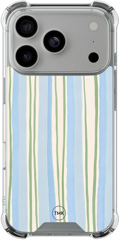 Shockproof hoesje geschikt voor Apple iPhone 17 Pro - Pastelblauwe strepen - Schokbestendig - Verhoogde randen - TPU case - Extra Sterke Back Cover - Gestreept - Transparant, Blauw