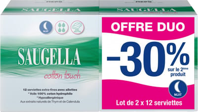 Saugella Cotton Touch Nuit Set van 2 x 12 Extra Fijne Handdoeken met Kleppen