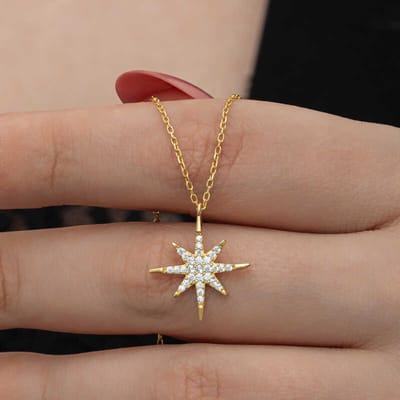 925 Sterling Zilveren Gold Plated Damesketting met Zirkonia – Polaris Ster Ontwerp – Handgemaakt – Cadeau voor Vrouwen