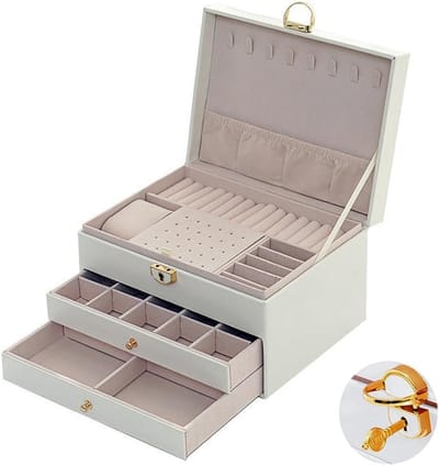 Drie-laags opbergdoos voor sieraden met slot en sleutel, compartimenten voor ringen, oorbellen en armbanden, stapelbaar en met lades