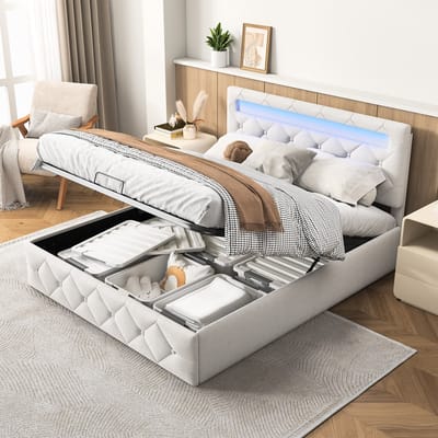 Opbergbed 140x190 cm met ledverlichting - Tweepersoonsbed met verstelbaar - gewatteerd hoofdeinde - Bed met opbergruimte en lattenbodem - fluweel Beige
