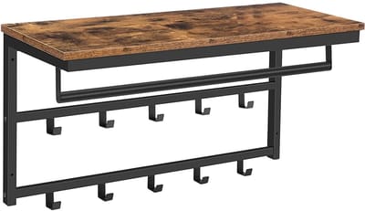 ITRONIQ Kapstok Wand - Wandkapstok met Plank - 10 Haken - Kapstok Hangend - Donkerbruin Hout Metaal - 80x30x42 CM - Industrieel